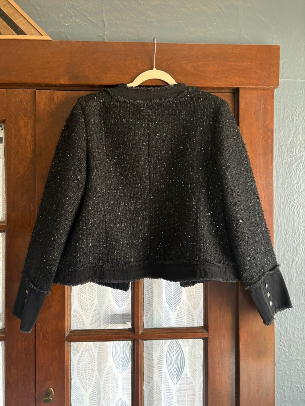 Nanette Lepore Black Frayed Sequined Boucle Tweed Blazer with Denim Trim - Picture 3 of 8